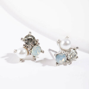 Rhodium Stone & Pearl Cluster Earrings