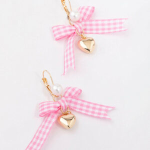 Pink Gingham Bow & Heart Earrings