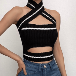 Knitted cross front halter contrast backless hollow out crop cut out top