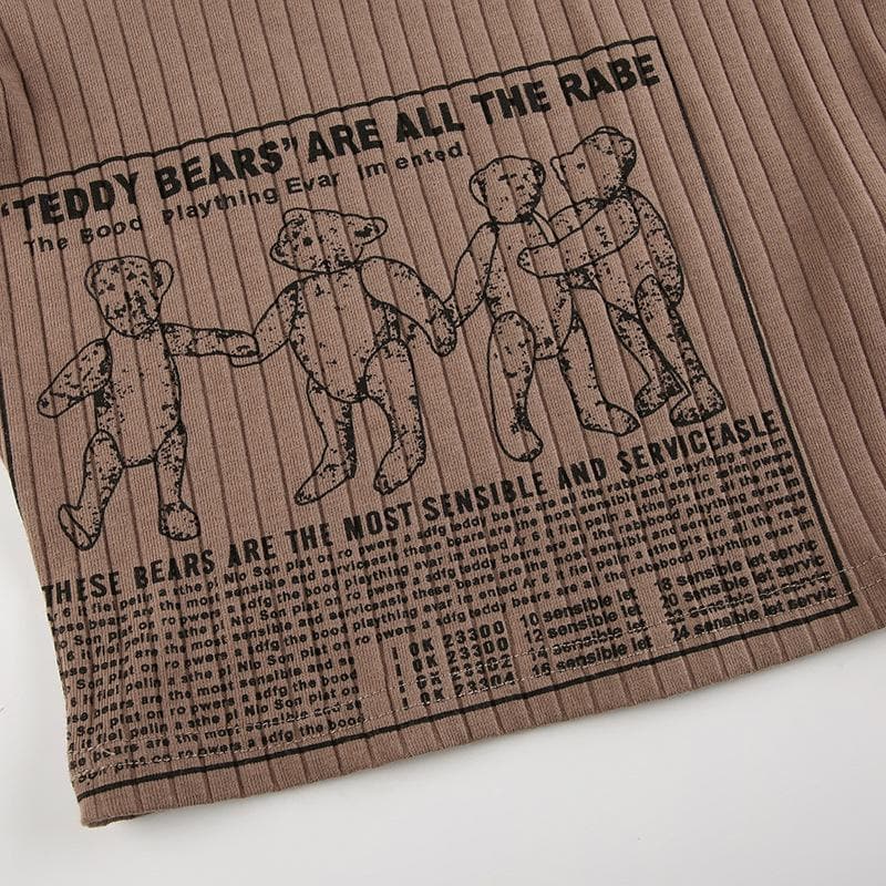 Ribbed bear pattern contrast long sleeve self tie square neck crop top - Final Sale - Image 7